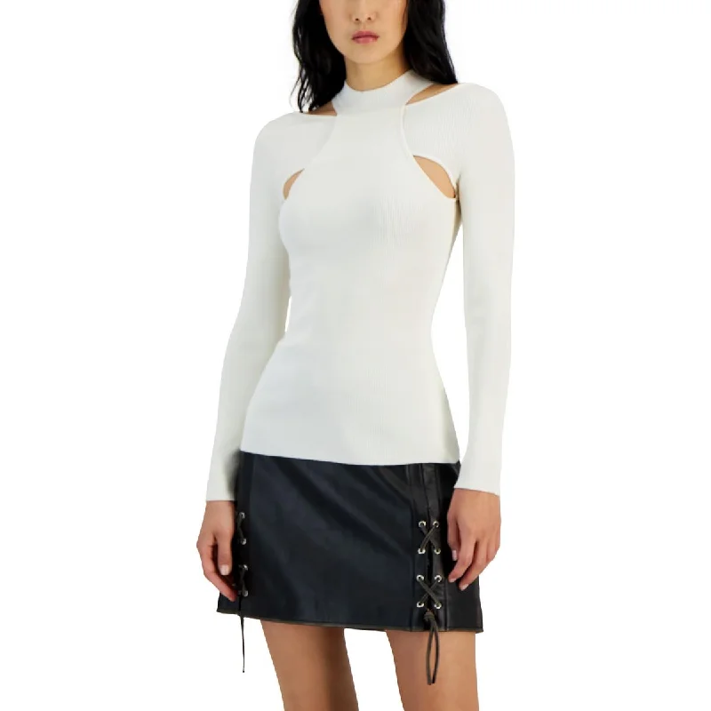 Womens Mock-Neck Cutout Ribbed Open Pullover Top