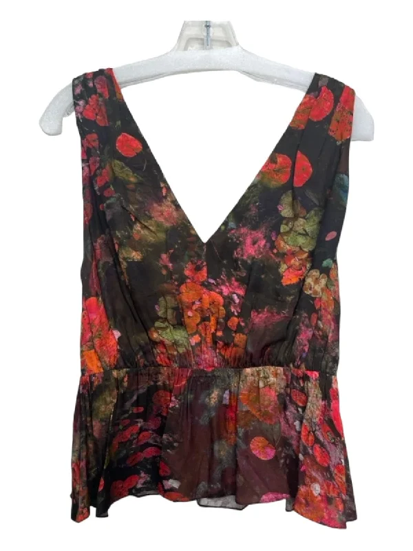 Careste Size 2 Red Black Green Rose Petal Abstract Sleeveless V Neck Top