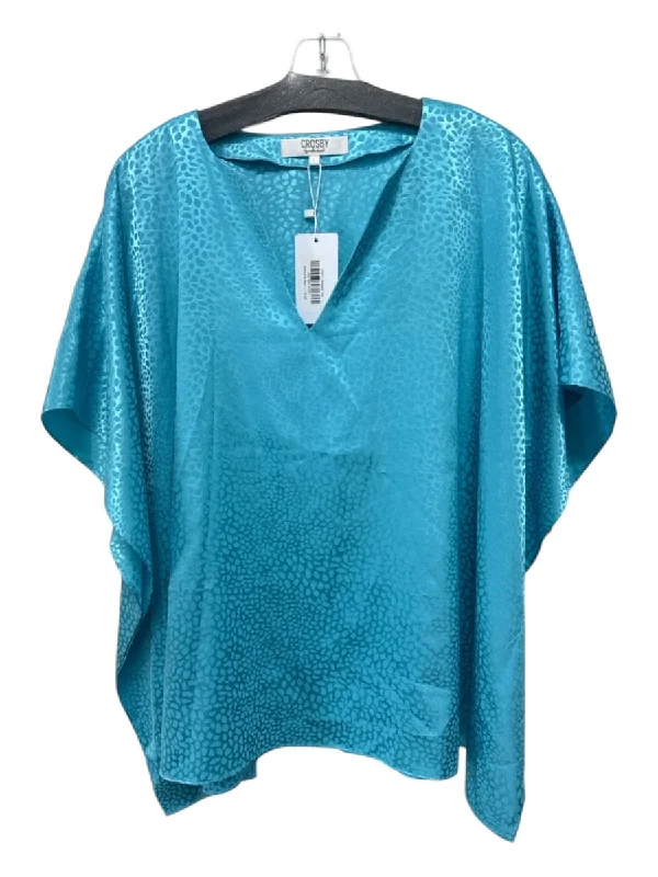 Crosby Size L Turquoise Blue Polyester V Neck Animal Print Batwing Top