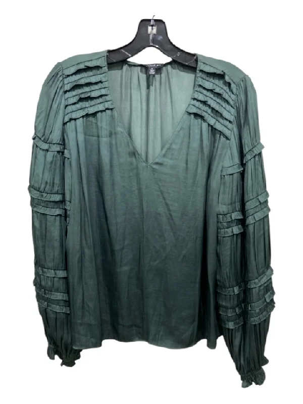 Current Air Size S Dark Green Polyester V Neck Ruffle Shoulder Detail Top