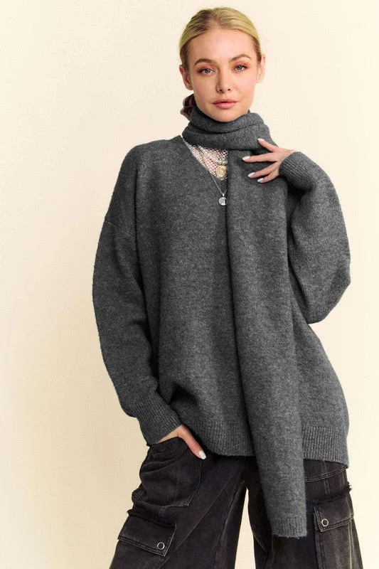 Davi & Dani V-Neck Dropped Shoulder Sweater with Scarf Set