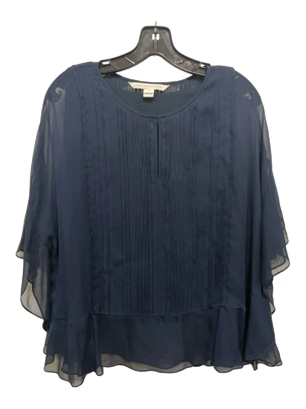 Diane Von Furstenberg Size S Navy Blue Silk Micro Pleats V Neck Semi Sheer Top