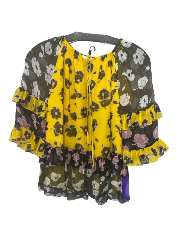 Diane Von Furstenberg Size XS Yellow Black & Pink Silk V Neck Tiered Floral Top