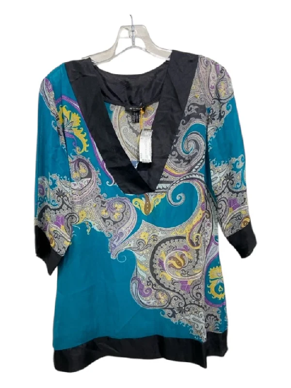 Etro Size S BLUE MULTI Silk Sheer Paisley V Neck Tunic Top