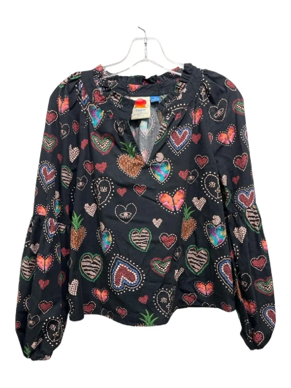 Farm Rio Size XS Black & Multi Cotton Long Sleeve Hearts V Neck Puff Sleeve Top