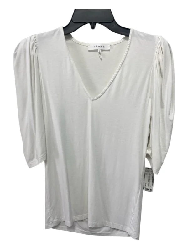 Frame Size XS White Viscose Blend V Neck Half Sleeve Ruched Shoulder Top