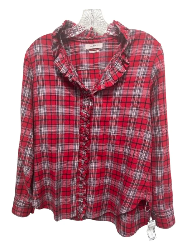 Isabel Etoile Marant Size 44 Red & Multi Cotton Plaid Ruffle V Neck Top