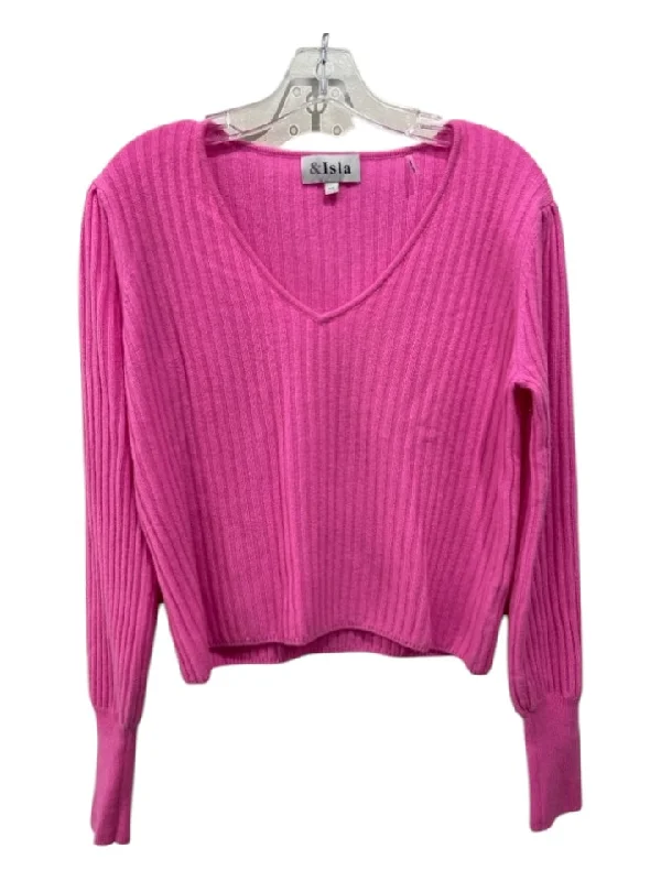 ISLA Size L Pink Cashmere Ribbed V Neck Cropped Top