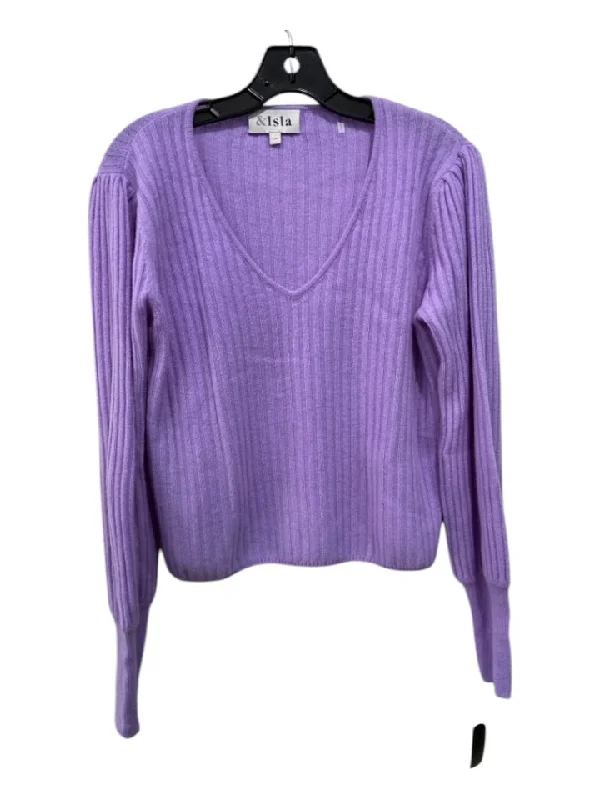 ISLA Size L Purple Cashmere Ribbed V Neck Cropped Top