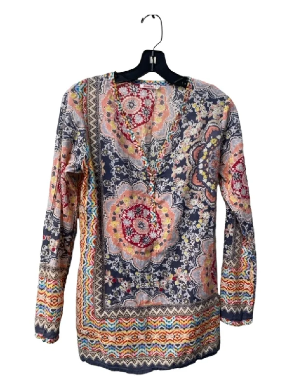 Johnny Was Size XS Multi Cotton Long Sleeve V Neck Paisley 3/4 Button Top