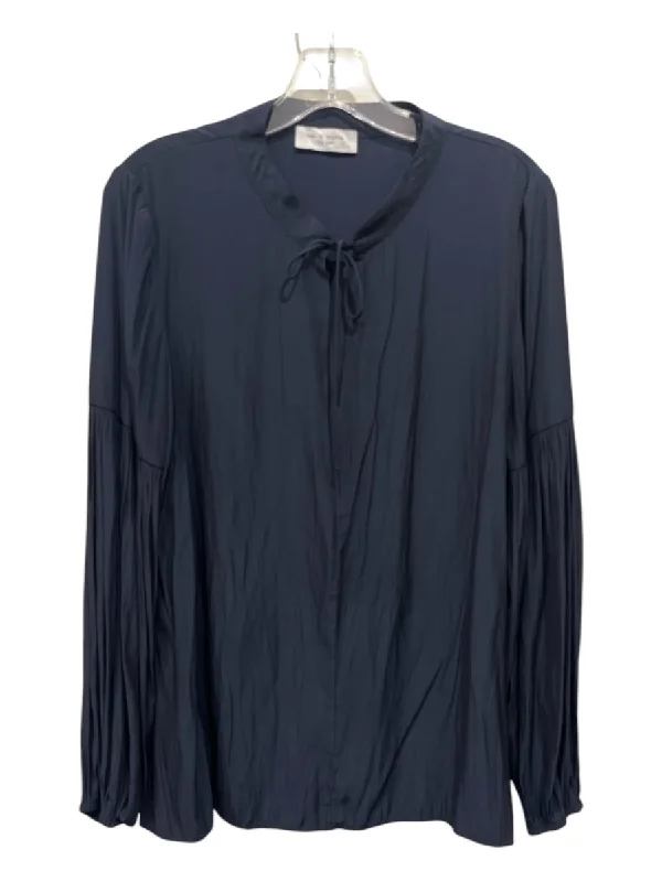 Lola & Sophie Size L Navy Blue Polyester Tie V Neck Long Sleeve Top