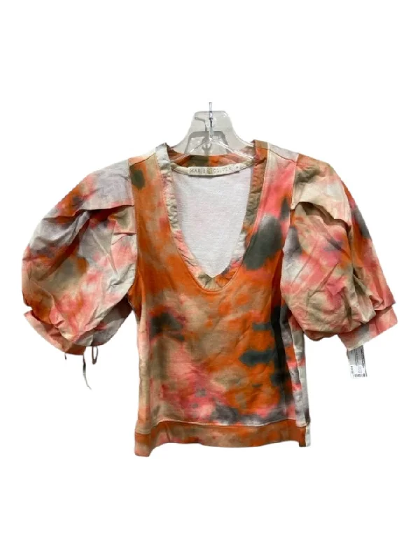 Marie Oliver Size XS Orange & Multi Pima Cotton V Neck Half Puff Sleeve Top