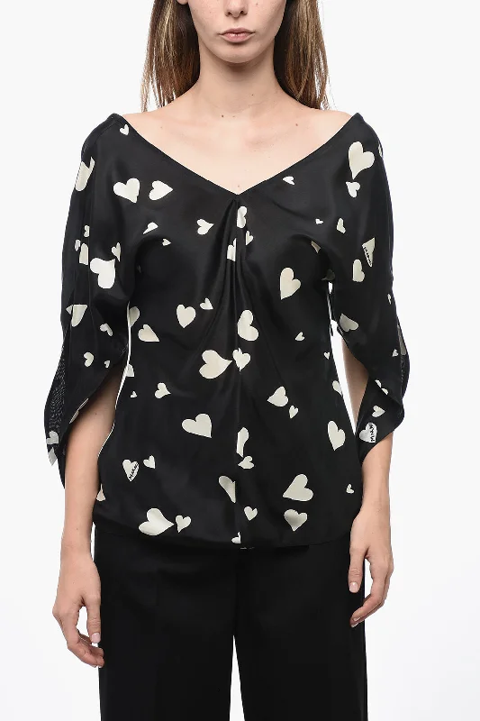 Marni V-Neck Heart-Printed Silk Blosue