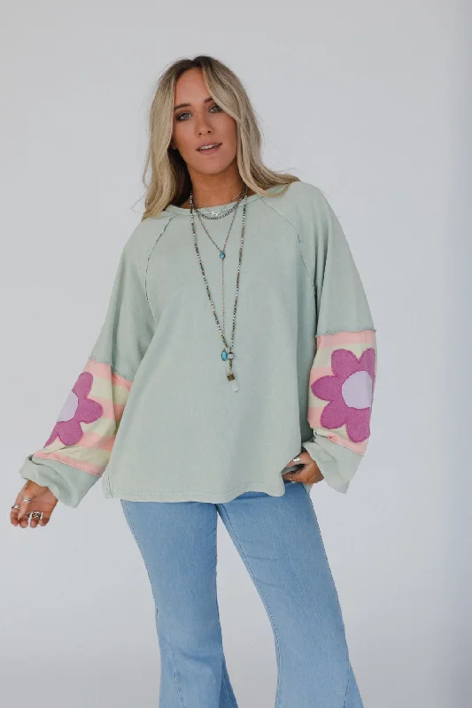 Petal Patch Pullover Top - Sage