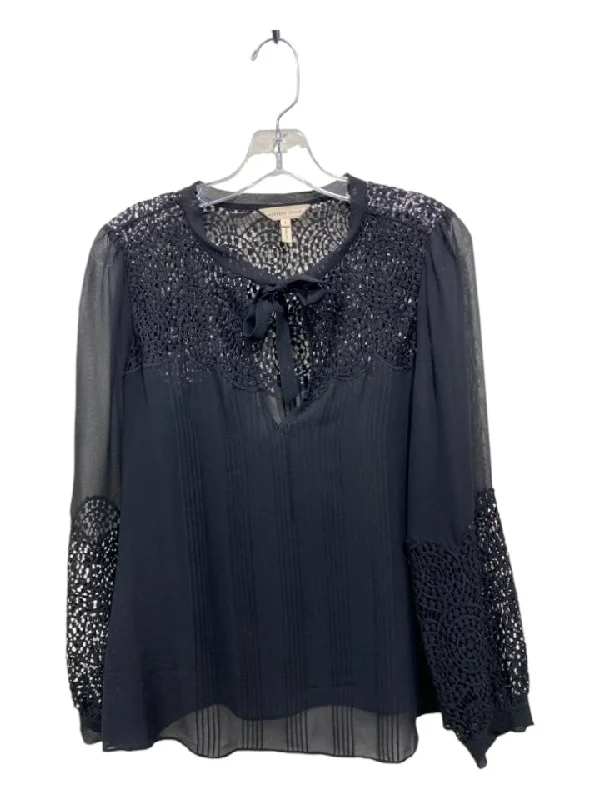 Rebecca Taylor Size 8 Black Silk Long Sleeve Lace Trim Pintuck V Neck Top