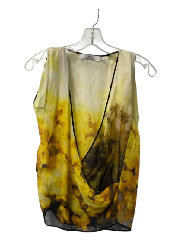 Robert Rodriguez Size 2 Yellow & Black Silk V Neck Sleeveless Sheer Top