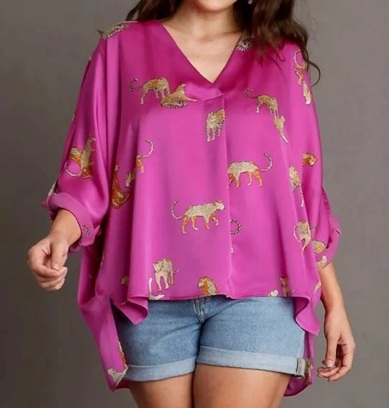 Satin Animal Print V-Neck Top - Plus In Magenta