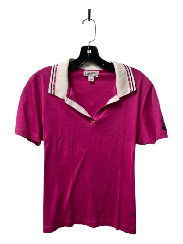 St John Size Medium Hot Pink & White Cotton Short Sleeve Collared V Neck Top