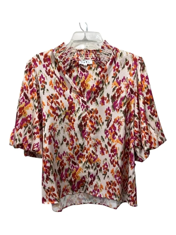 THML Size L Cream & Red Print Polyester V Neck Smocked Neckline Abstract Top