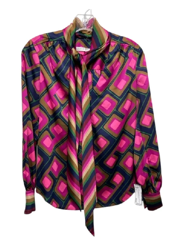 Trina Turk Size XS Pink & Multi Polyester Tie V Neck Long Sleeve Geometric Top