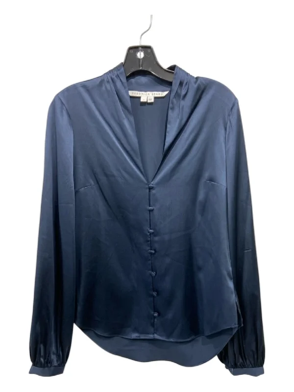 Veronica Beard Size 4 Navy Blue Silk Button Up Long Sleeve Darted V Neck Top