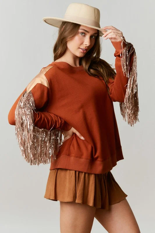 Brown Loose Fit Pullover With Star Patch & Fringe