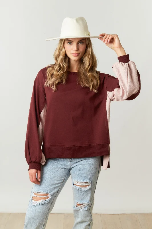 Burgundy Multi Color Block French Terry Pullover