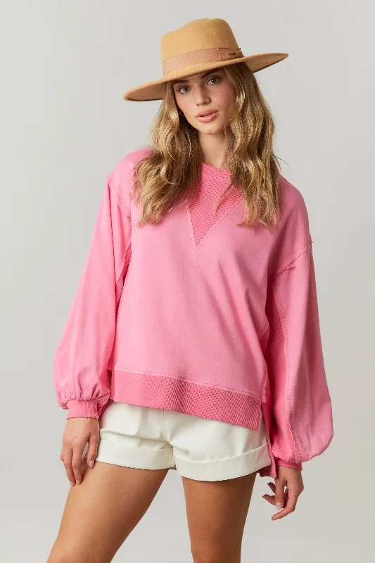 Pink French Terry/Rib Mixed Loose Fit Pullover