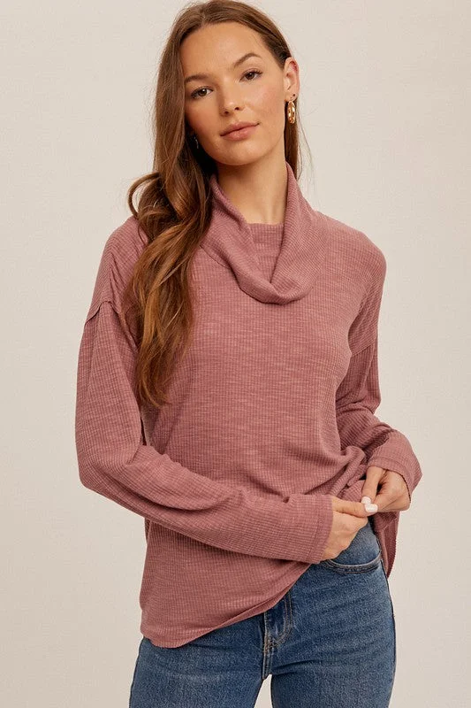 Grape Back Cutout Cowl Neck Rib Pullover