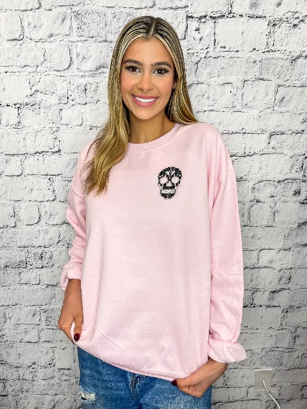 Heads Up Rhinestone Skull Graphic Pullover - Pink