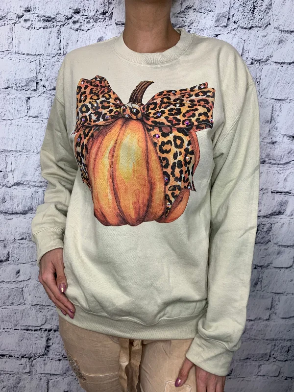 Leopard Bow AB Embellished Pumpkin Pullover - Sand