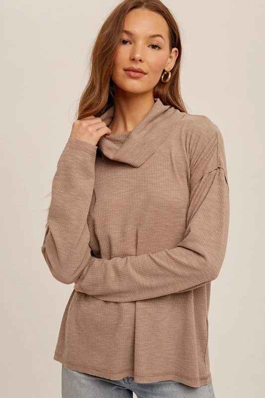 Mocha Back Cutout Cowl Neck Rib Pullover