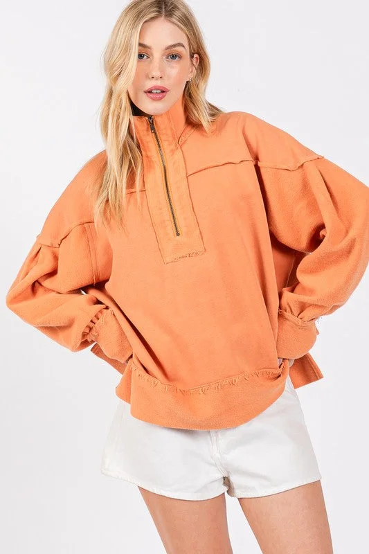 Orange Washed Terry Zipup Pullover