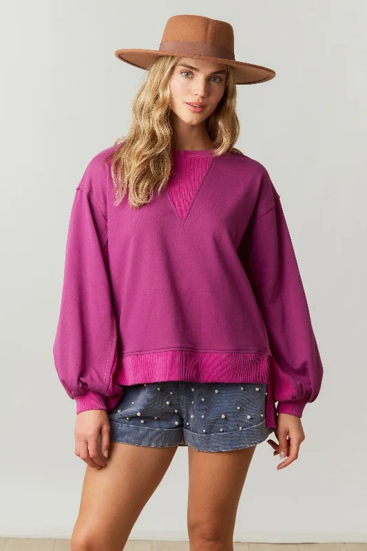 Plum French Terry/Rib Mixed Loose Fit Pullover